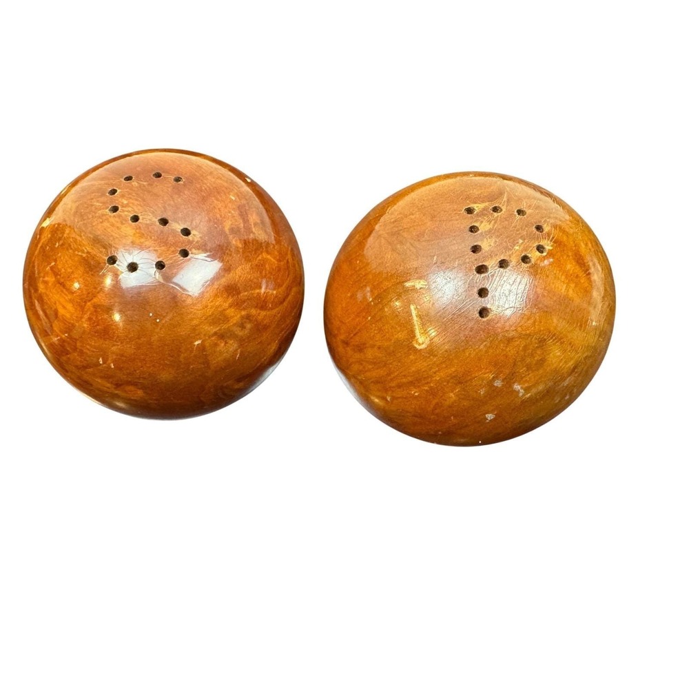 Vintage Round Wooden Salt and Pepper Shakers Set Spherical Mid Century Modern‎